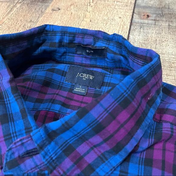 J. Crew Factory | 100% Cotton Blue Magenta Plaid Button Down Shirt Sz L Slim - Picture 2 of 3